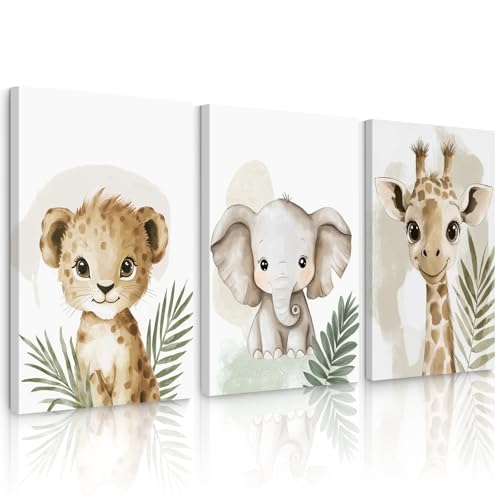 Nursery Animal Wall Art Decor Canvas Prints for Kids Room - Safari Jungle Giraffe Elephant Leaf Variation 12x16 Inch