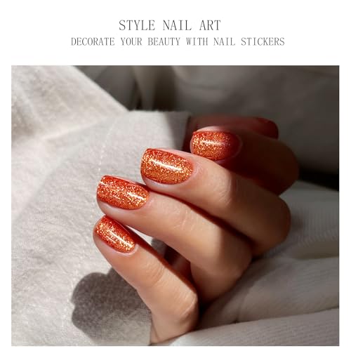 Semi Cured Gel Nail Strips - Orange Glitter Nail Art Sticker Wraps - 20 Pack