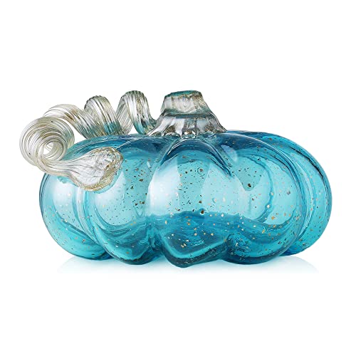 Glitzhome Hand Blown Glass Pumpkin Decor - 5 Inch Blue Fall Centerpiece