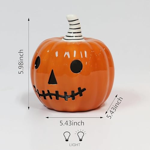 Halloween Ceramic Pumpkin Decor with LED Light - Orange, 5.5 Inch Tabletop Jack O Lantern