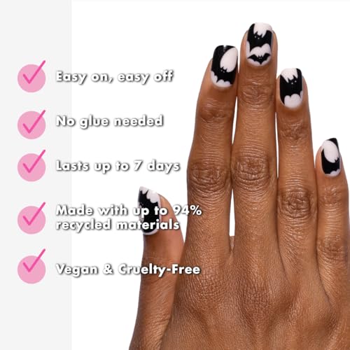 Press-On Nails Kit with 16 Sizes - Short Squoval, No Glue Needed, Halloween Batty For You