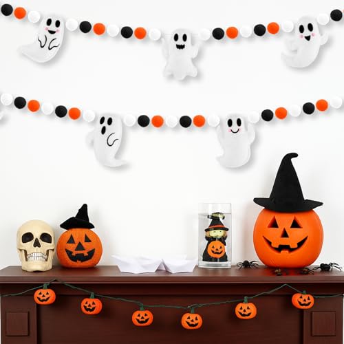 Halloween Felt Pompom Banner 7.5 Ft Pre-Assembled Ghosts & Felt Balls Decor