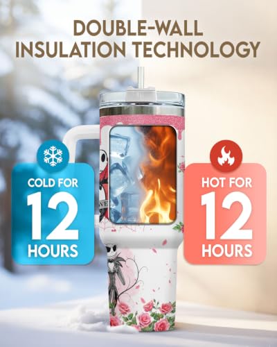Skeleton Couple 40oz Insulated Travel Mug with Handle & Straw - Hydration Tumbler