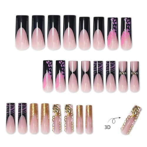 Multicolor Long Square Press-On Nails Black French Floral Fake Nails - 24pcs