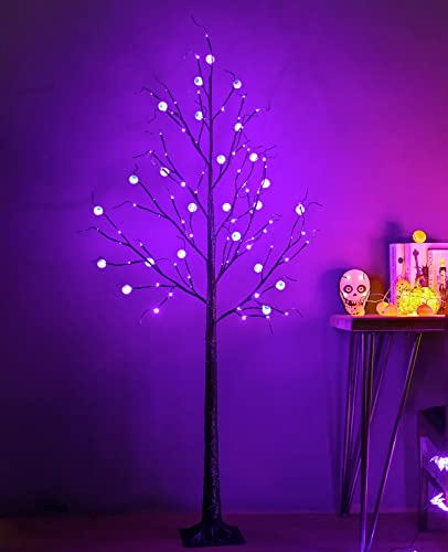 6FT Black Lighted Halloween Tree with 96 LED Purple Lights & Eye Ornaments
