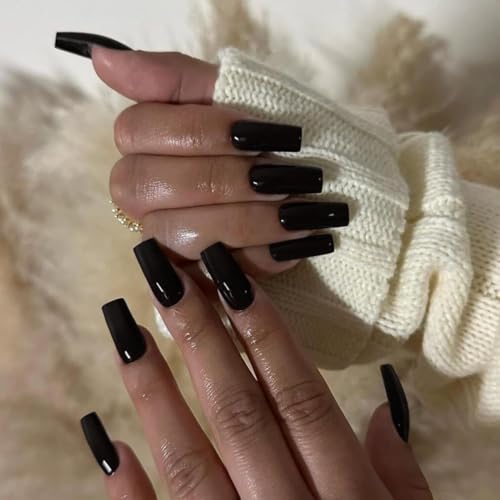 Black Glossy Medium Long Square Press On Nails for Women - Fake Acrylic Nail Set