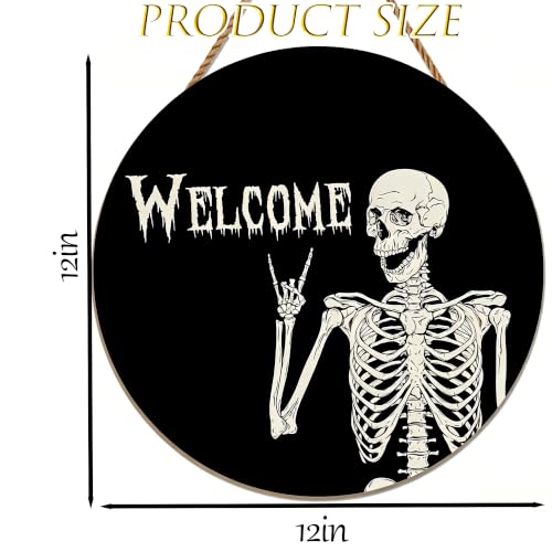 Halloween Wooden Skeleton Sign - Front Door Decor, Rock Gesture & Welcome Text - Skeleton Variation