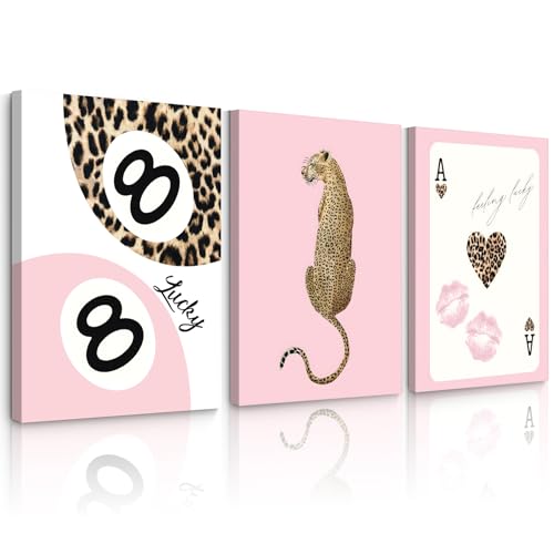 Leopard Canvas Wall Art Set - Pink Cheetah Print Bedroom Decor 16x24 Inch Wrapped Canvas - Trendy Wall Decor