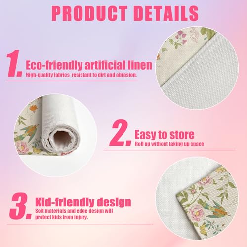 Vintage Floral Bird Placemat Set of 6 - Spring Summer Linen Table Mats, Washable & Stain-Resistant