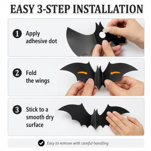 3D Bat Wall Decor Halloween Stickers - 140 Pieces, Realistic & Reusable