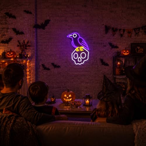 Crow Skull Neon Sign Halloween Neon Light LED Gothic Spooky Decor - Purple+Cool White+Lemon Yellow