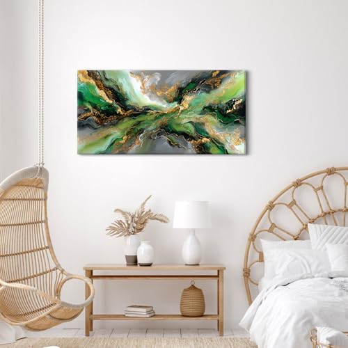 Emerald Green Abstract Wall Art - 40x20 Inch Canvas Painting with Gold Accents - Variation: Abstract03