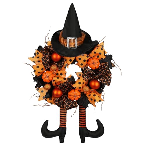 Halloween Wreath for Front Door - 16 Inch Tinsel Black Witch with Hat, Legs & Pumpkin - Orange & Black Variation