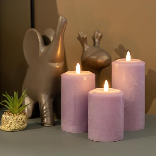 Purple Flameless Candles with Concave Top - Lavender Decor, Timer Remote, Set of 3