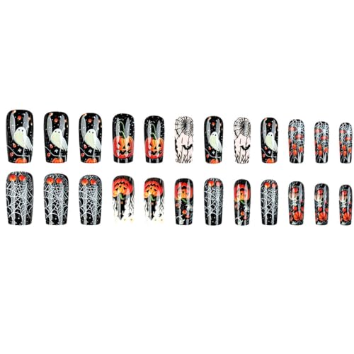 Halloween Press-On Nails Long Square Fake Nails with Ghost Pumpkin Spider Web Bat Designs - Black White Orange, 24Pcs - Variation 4
