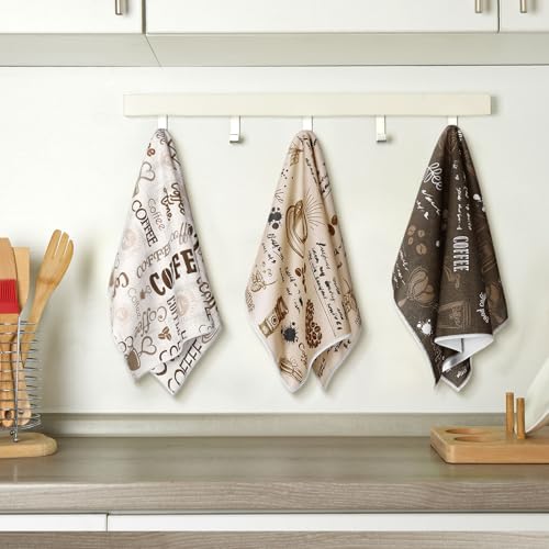 Kitchen Towels Set - 6 Absorbent Coffee Themed Dish Cloths for Cooking & Baking