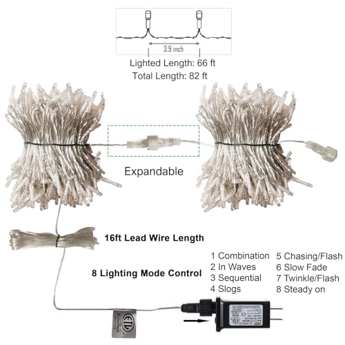 Outdoor Indoor LED String Lights 98.5Ft White Christmas Fairy Lights with 8 Modes
