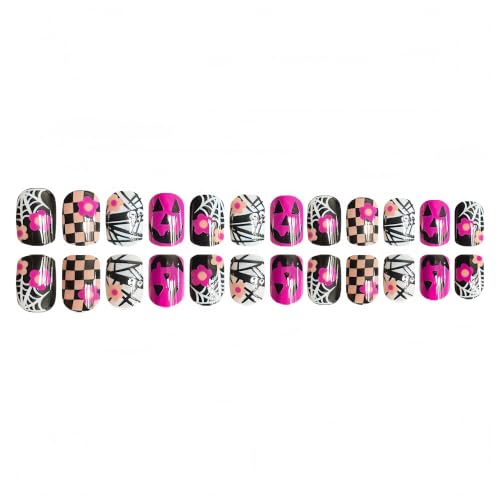 Halloween Press On Nails Short Square Fake Nails with 3D Flower Spider Web Pumpkin & Ghost Design - Bandage Ghost Variation
