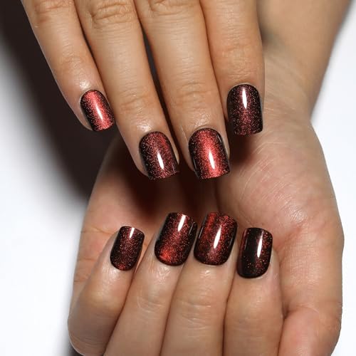 Short Wine Red Cat Eye Press On Nails with Color-Shifting Glow - M05 Crimson Spell