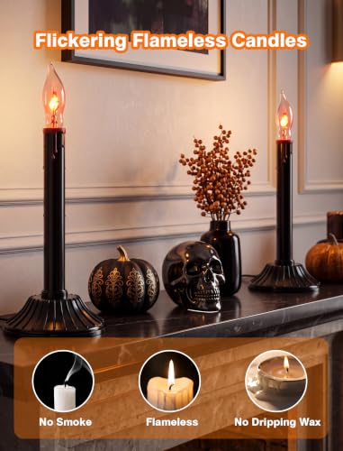 Black 2-Pack Halloween Window Candles with Flickering Flame Bulbs - Spooky Decor