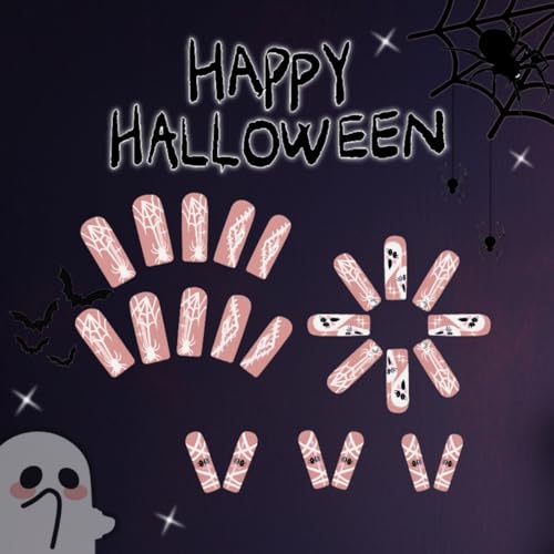 Halloween Press-On Nails Long Square Spider Web Ghost Design - Style 19 - 24 Pack