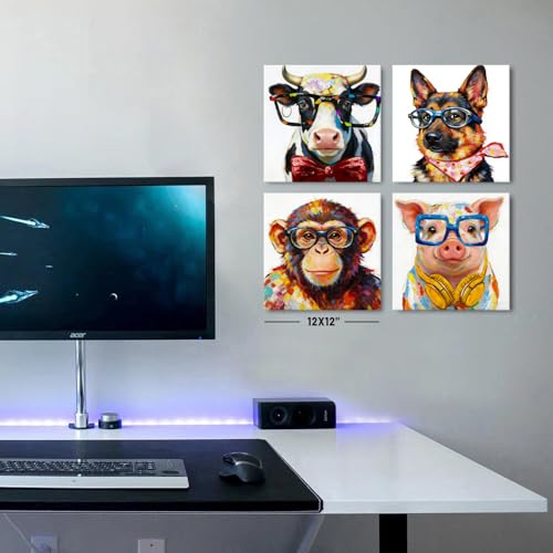 Funny Animal Wall Art Canvas Print Set - Kids Bedroom Decor, 12x12 Inch, Cartoon Animals with Glasses - 4 Pieces