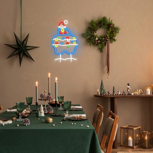 Christmas Chicken Neon Sign with Santa Hat - Festive Party Decoration