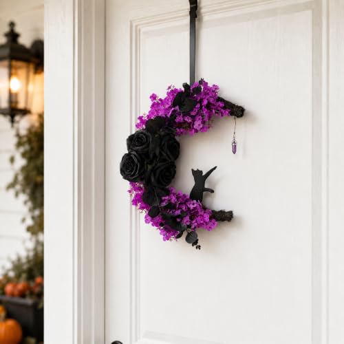 Halloween Moon Wreath 15 Inch Gothic Black Cat Decor with Faux Roses & Purple Flowers