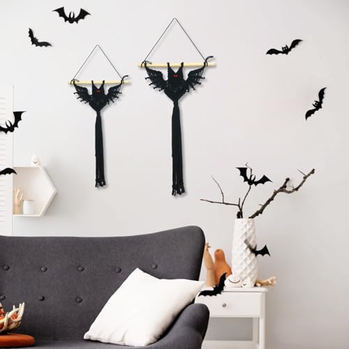 Halloween Black Macrame Bat Wall Hanging - Red Variation, Gothic Spooky Decor