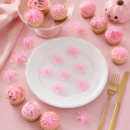 Halloween Mini Pink Fuzzy Spiders Set - 40 Pack for Decorations & Party Favors