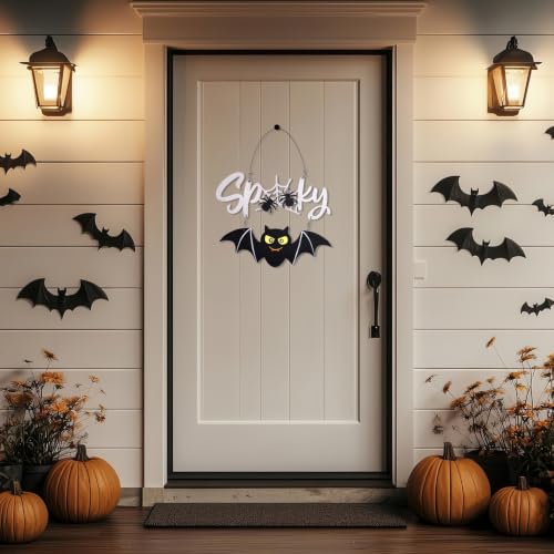 Halloween Door Sign Wooden Spooky Wall Decor - Black Bat & Spiderweb