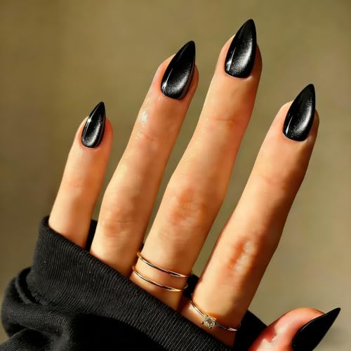 Black Cat Eye Press-On Nails Almond Glitter Chrome Finish - Reusable 30 pcs, Medium Length, Salon Quality