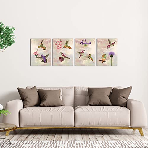 Bird Canvas Wall Art Set - Hummingbird Flower Pictures for Living Room & Bedroom Decor - 4 Pieces, 12x16 Inches