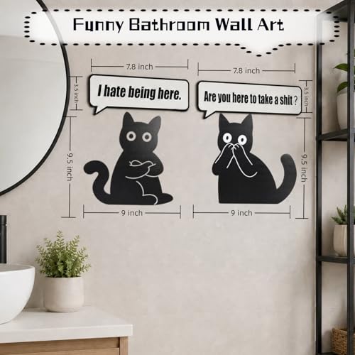 Black Cat Wall Art Set of 4 - Fun Bathroom Decor with Slogans - Variation: Bathroom Black Cat