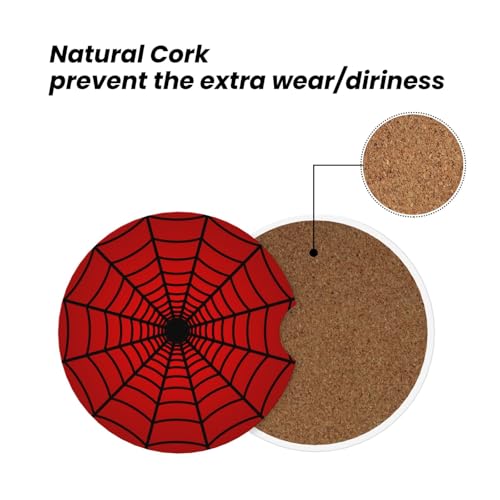 Red Spider Web Car Coasters Set - 2 Pack 2.56 Inch Absorbent Ceramic