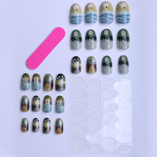 Ghost Press On Nails Short Almond Halloween Fake Nails Style19 - Reusable & Easy to Apply