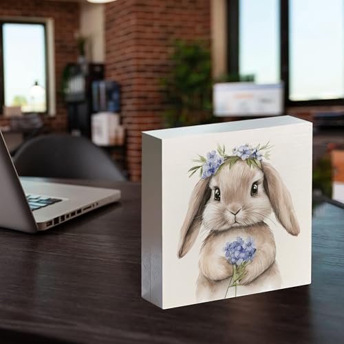 Easter Wooden Sign - Retro Bunny Spring Desk Decor, 5x5 Inch Myosotis Variation