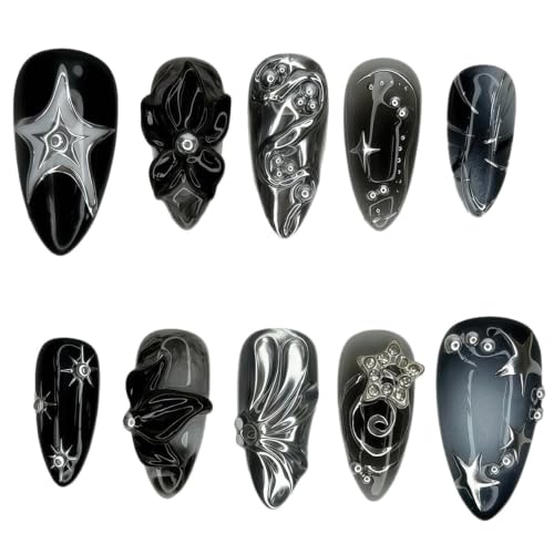Black Y2K Almond Press On Nails - Style 26, Gothic Medium False Nails 30Pcs