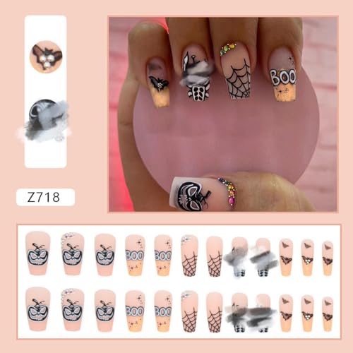 Halloween Press On Fake Nails - Medium Length Matte Nail Set with Stitch Pumpkin & Spider Web Designs - Style13