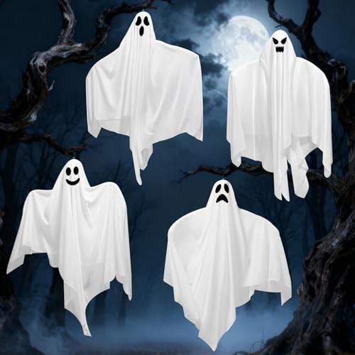 Halloween Flying Ghost Decorations Set - 4 Outdoor Hanging Ghosts, 31 Inches