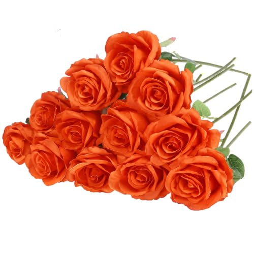 Artificial Orange Rose Flowers with Stems - 12 Pack, Realistic Silk Blooms