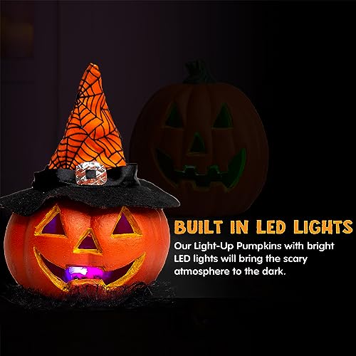 Halloween Light Up Pumpkin Decor Set - Plastic Jack O Lanterns for Indoor & Outdoor Halloween Decorations - Variation of Plastic Pumpkin LED Set