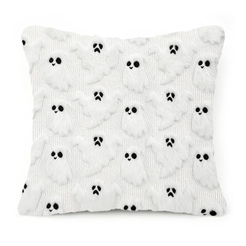 Halloween Faux Rabbit Fur Pillow Covers 18x18 - Ghost & Boo Design, Pack of 2 - Ghost White Variation