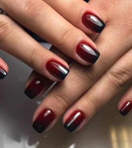 Press On Nails Short Red Black Ombre Square False Tips - Reusable Glossy Kit for Women 30 PCS