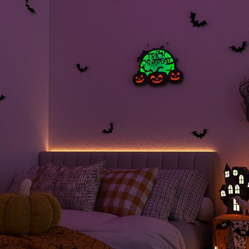 Green Halloween Pumpkin Lights with Moon Bat Web & Trick or Treat Wording - USB & Battery Powered