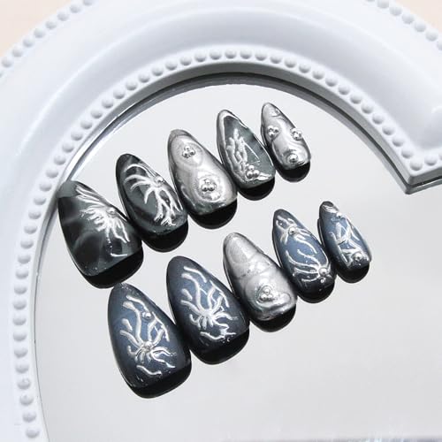 30pcs Gothic Press-On Nails Medium Almond Fake Nails with Silver Stripes & Pearl - Handmade-5