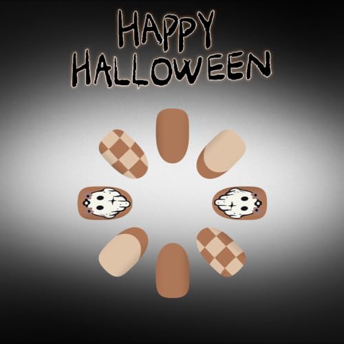 Halloween Short Almond Press On Nails with White Ghost & Flower - Blue Variation