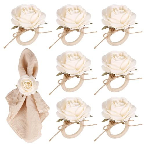 White Wooden Rose Napkin Ring Holders - 8 Pack Farmhouse Table Decor