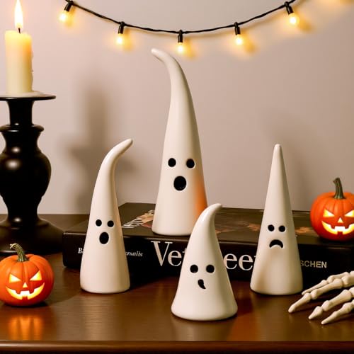 Halloween Ghost Figurines Set - Ceramic Rustic Indoor Decor, 4 Pieces
