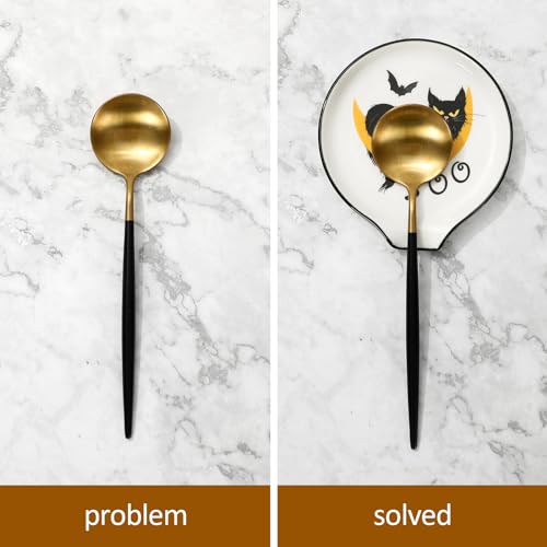 Black Cat Ceramic Spoon Rest with Yellow Pumpkin & Moon Variation, Halloween Kitchen Decor